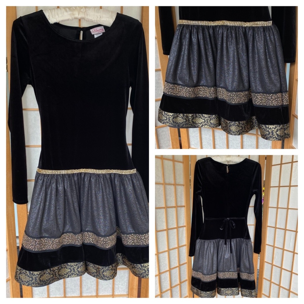 Bloome De Jeune Fille Black Velvet Embellished Holiday Party Dress Girls SZ 16